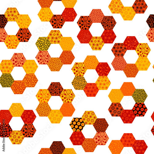 Patchwork pattern with flowers made of hexagonal patches