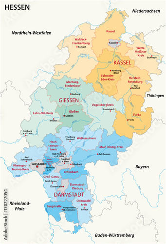 Hesse administrative and political map in german language
