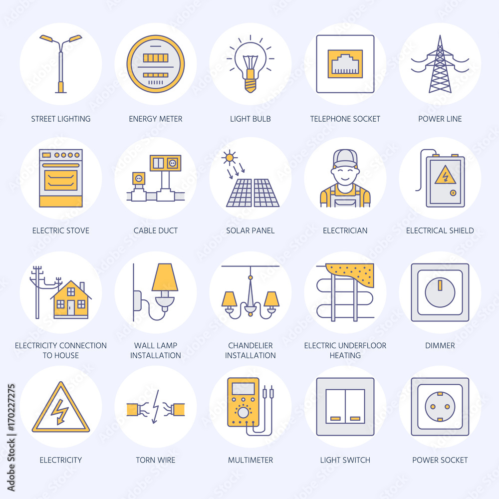 Electricity engineering vector flat line icons. Electrical equipment