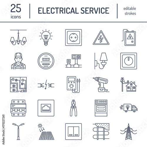 Electricity engineering vector flat line icons. Electrical equipment, power socket, torn wire, energy meter, lamp, wiring design, multimeter. Electrician services signs, house repair illustration.