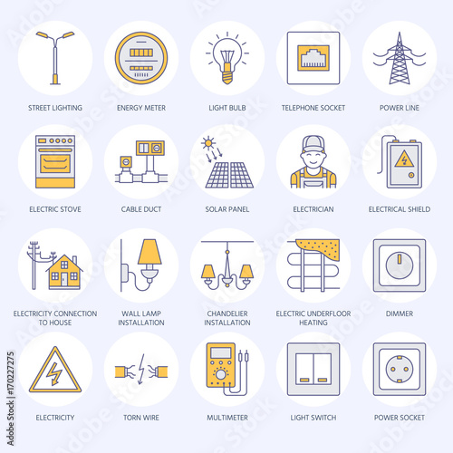 Electricity engineering vector flat line icons. Electrical equipment, power socket, torn wire, energy meter, lamp, wiring design, multimeter. Electrician services signs, house repair illustration.