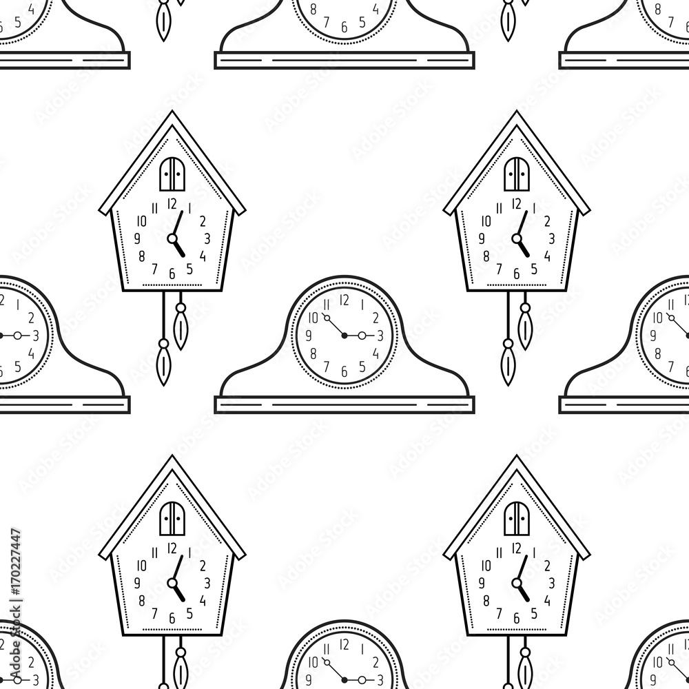Mantel clocks and cuckoo clock. Black and white seamless pattern for