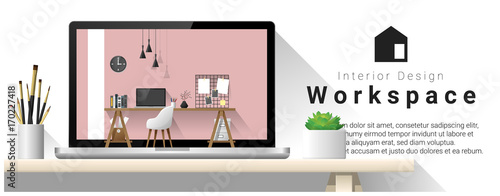 Interior design of modern office workplace , vector , illustration