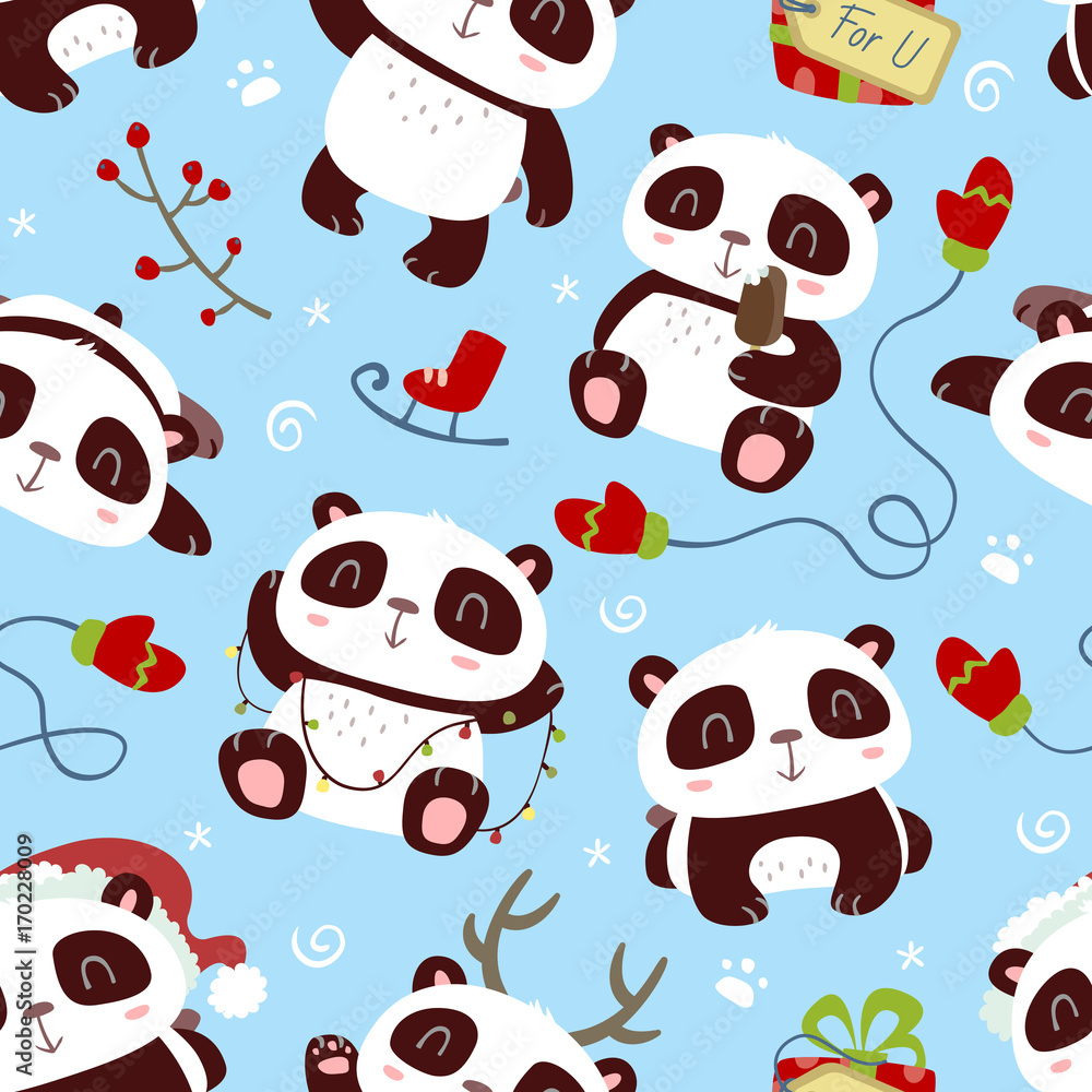 Obraz premium vector cartoon style winter christmas new year panda blue seamless pattern