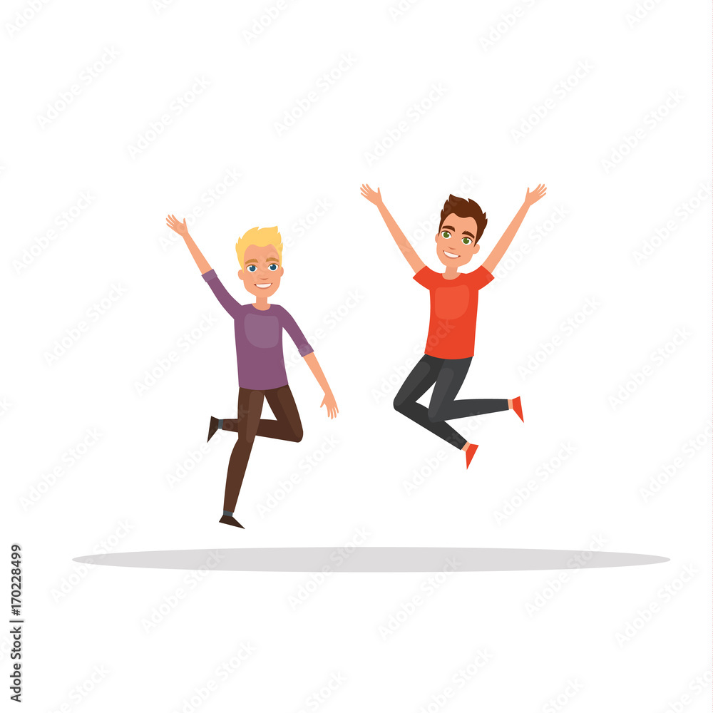 Happy group of man, boy jumping on a white background. The concept of friendship, healthy lifestyle, success. Vector illustration in a flat and cartoon style Happy group of man, boy jumping on a white background. The concept of friendship, healthy lifestyle, success. Vector illustration in a flat and cartoon style