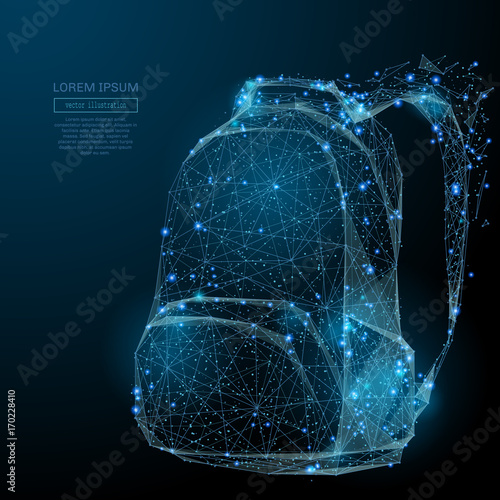 Backpack isolated from low poly wireframe on dark background. Vector polygonal image in the form of a starry sky or space, consisting of points, lines, and shapes in the form of stars and the universe