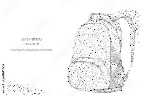 Backpack isolated from low poly wireframe on white background. Back to school concept. Vector abstract polygonal image mash line and point hands collect puzzle with an inscription. Digital graphics