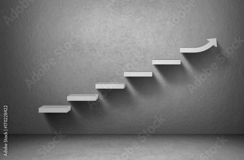Rising arrow graph on staircase on grey background, business concept