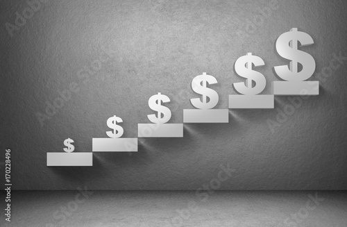 Dollar money currency sign from small to big size on staircase on grey background, business concept