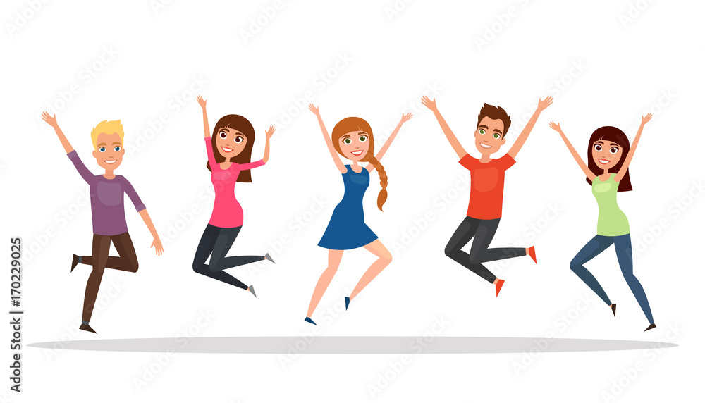 Happy group of people, boy, girl jumping on a white background. The concept of friendship, healthy lifestyle, success. Vector illustration in a flat and cartoon style Happy group of people, boy, girl jumping on a white background. The concept of friendship, healthy lifestyle, success. Vector illustration in a flat and cartoon style