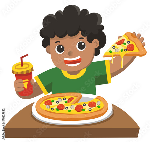 A cute boy eating a big slice of pizza.