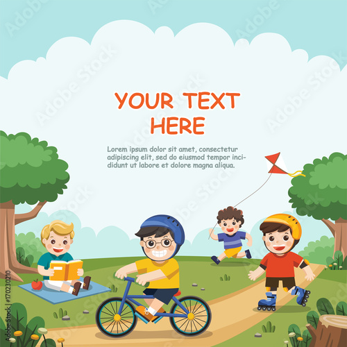 Children play outside. Cute boys read a book, ride a bicycle, play roller skate in the park.