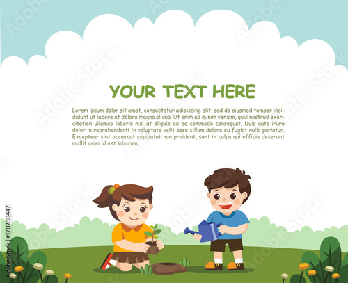 Cute kids volunteers planted and watering young trees. For Save The Earth. Template for advertising brochure.