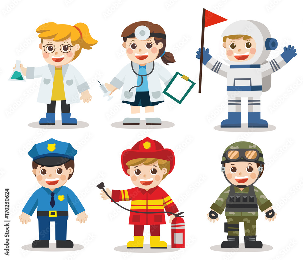 Kid Set of different professions. Doctor, Scientist, Soldier, Astronaut, Police, Fireman. Vector illustration in a flat style Kid Set of different professions. Doctor, Scientist, Soldier, Astronaut, Police, Fireman. Vector illustration in a flat style