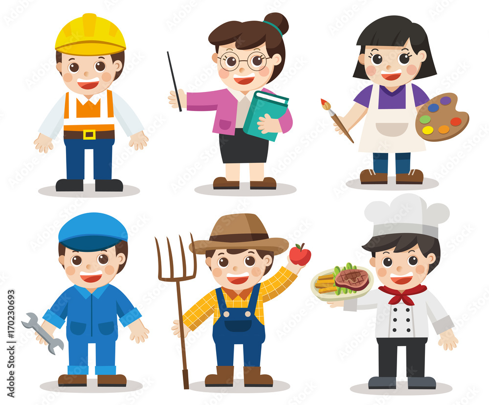 Kid Set of different professions. Artist, Teacher, Mechanic, Engineer, Chef, Farmer. Vector illustration in a flat style Kid Set of different professions. Artist, Teacher, Mechanic, Engineer, Chef, Farmer. Vector illustration in a flat style