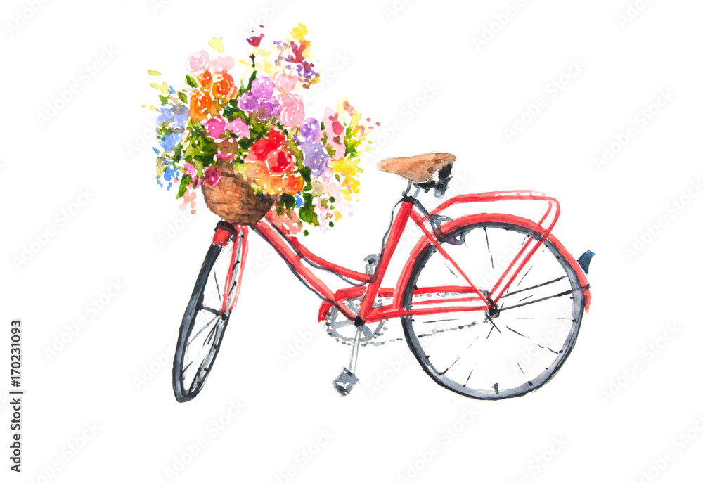 Fototapeta Czerwony retro rower z kolorowymi kwiatami w koszu, ilustrator akwareli, sztuka rowerowa, może służyć do dekoracji domu