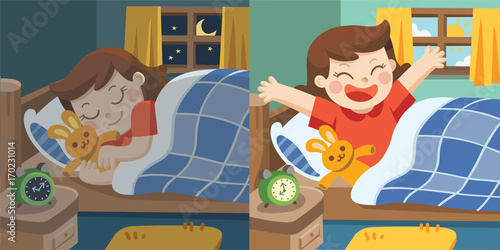 A Little girl sleeps in the night and having sweet dreams. Then she wakes up in the morning.