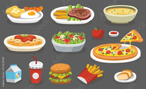 Set of traditional food. Let's eat something delicious tasty food. Icons for menu logos and labels.