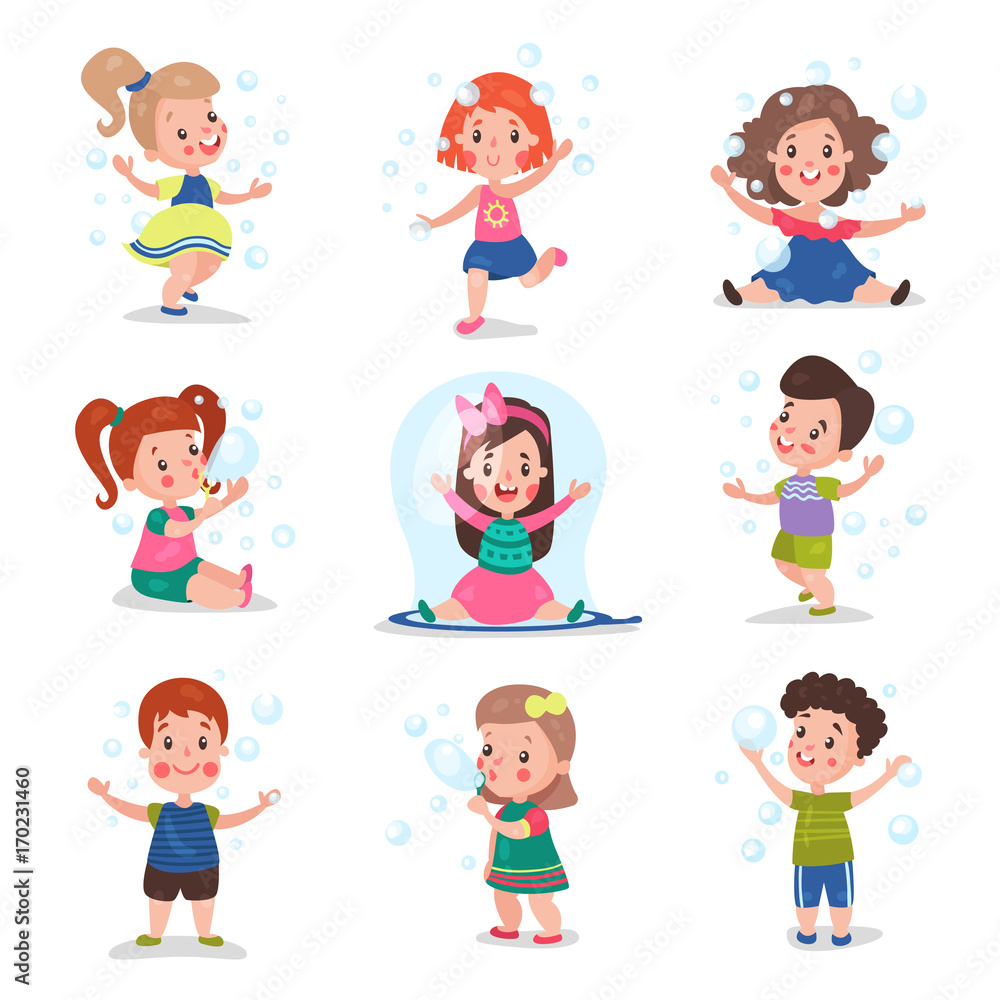 Cute little children blowing and playing with soap bubbles, set of cartoon vector Illustrations Cute little children blowing and playing with soap bubbles, set of cartoon vector Illustrations
