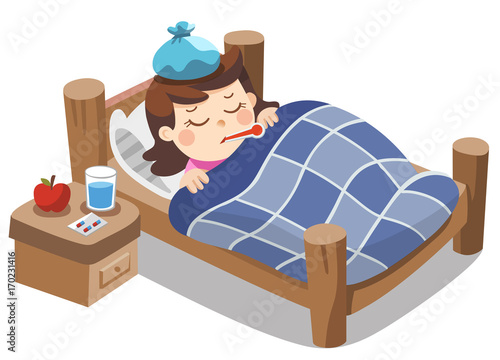 Sick cute girl sleep in bed with a thermometer in mouth and feel so bad with fever.