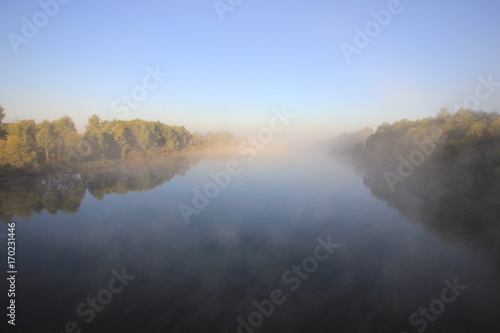 river in the fog in the early morning
