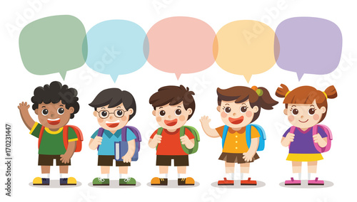 Back to school,Cute kids go to school with speech frame, Set of diverse Kids and Different nationalities with speech frame isolated on white background.