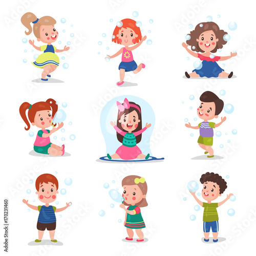 Cute little children blowing and playing with soap bubbles  set of cartoon vector Illustrations