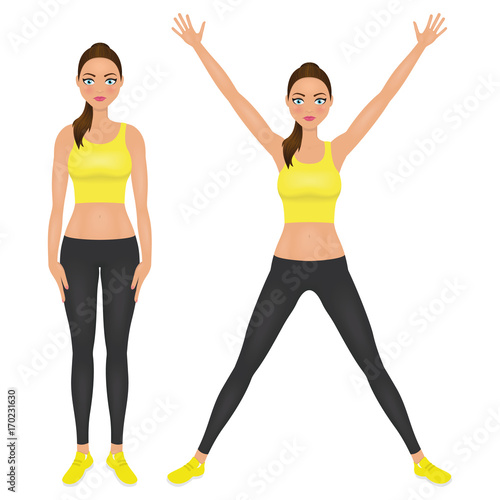 Cute fit girl with hands up. Young woman in yellow leggings and crop top. Character vector illustration.