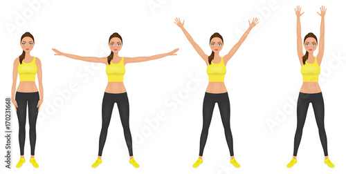 Yong woman make hands up and hands to the sides exercises. Fit girl in leggings and yellow crop top. Vector character.