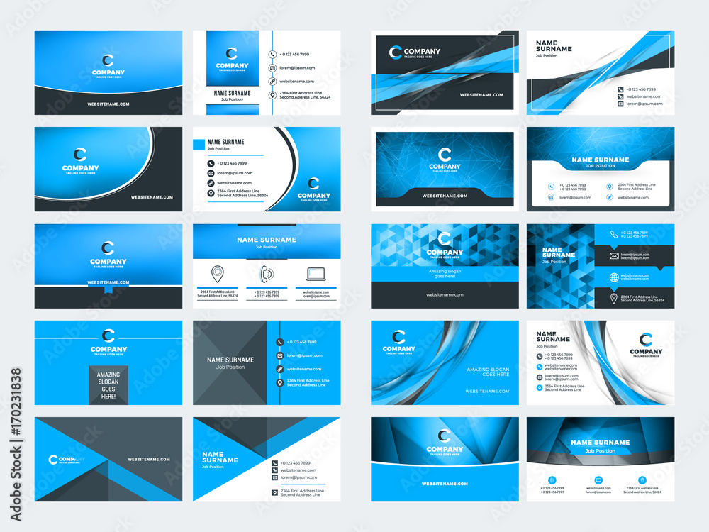 Double sided business card templates. Blue color theme. Stationery design vector set. Vector illustration Double sided business card templates. Blue color theme. Stationery design vector set. Vector illustration