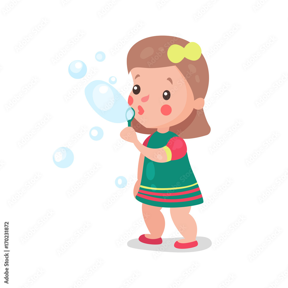 Sweet cartoon little girl playing with soap bubbles vector Illustration Sweet cartoon little girl playing with soap bubbles vector Illustration