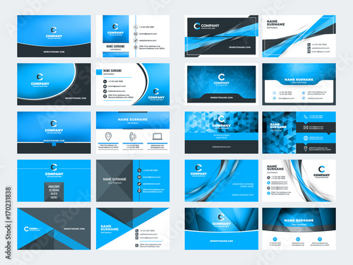 Double sided business card templates. Blue color theme. Stationery design vector set. Vector illustration