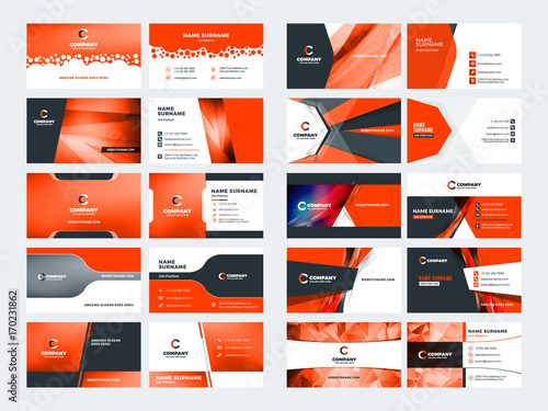 Double sided business card templates. Red color theme. Stationery design vector set. Vector illustration