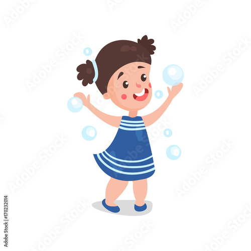 Sweet cartoon brunette little girl playing with soap bubbles vector Illustration