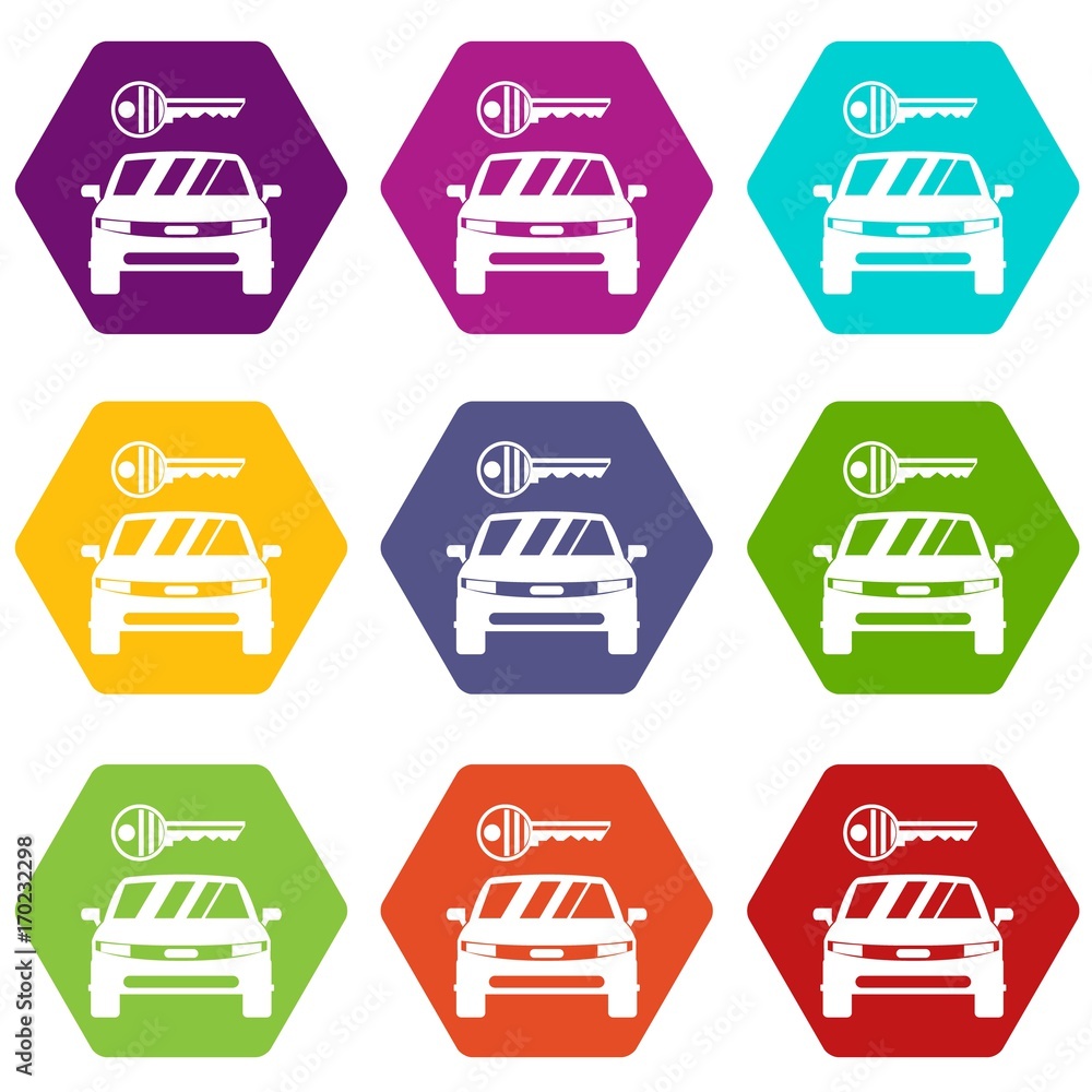 Car and key icon set color hexahedron