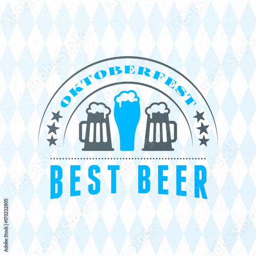 Beer festival Oktoberfest celebrations. Vintage beer badge on the traditional Bavarian linen flag background