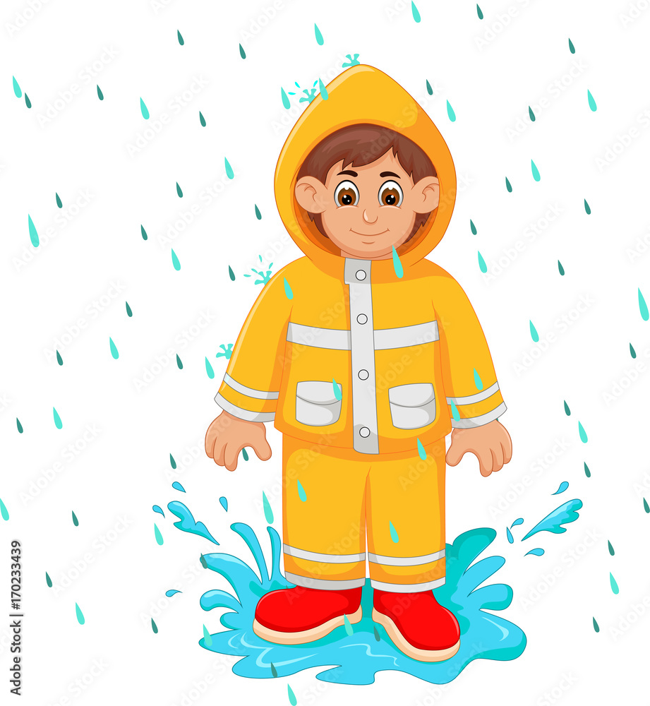 people standing under the rain with yellow rain coat cartoon Stock