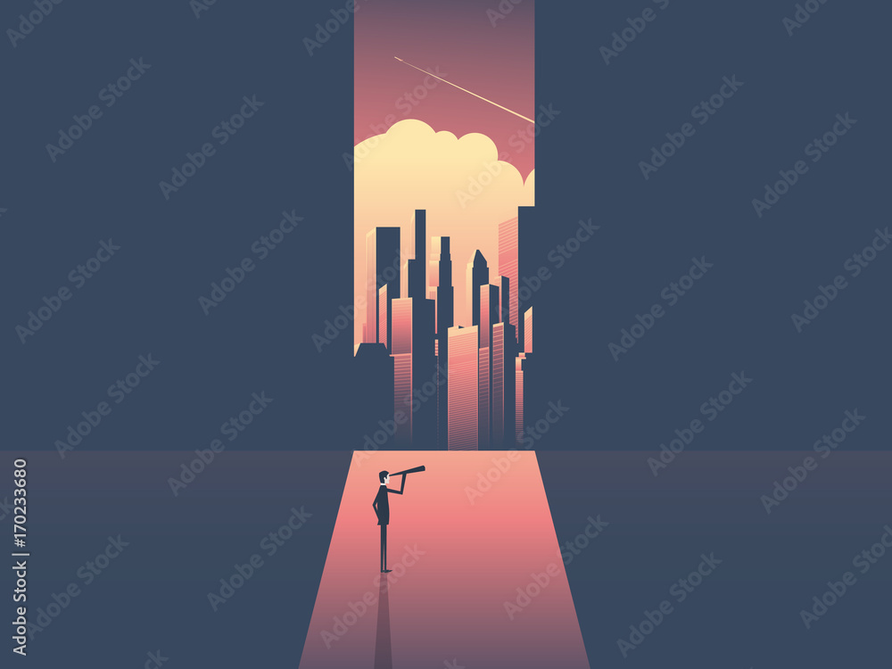 Businessman with telescope looking at skyline of modern corporate world. Business success, opportunity, challenge and visionary vector concept.