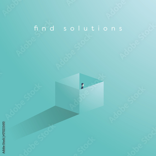 Find solution business vector concept with businessman standing in a box. Think outside the box symbol.