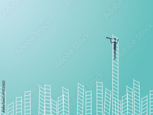 Businessman standing on top of a ladder with a telescope or monocular. Business leadership or visionary vector concept.