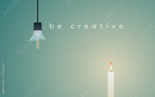 Creative solution business vector concept with broken lightbulb and candle light burning. Simple solution for success. photo