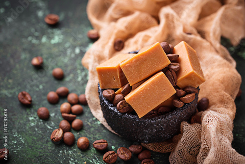 Fudge toffee candy with coffee beans photo