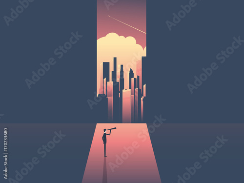 Businessman with telescope looking at skyline of modern corporate world. Business success, opportunity, challenge and visionary vector concept.
