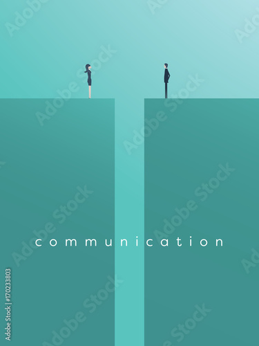 Business gender gap inequality vector concept with businessman and businesswoman standing across gap.