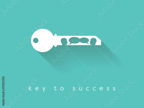 Key to success business vector concept with key silhouette and two people having business conversation.