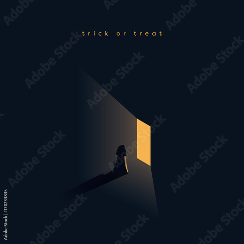 Halloween trick or treat holiday celebration party vector poster or banner template. Child in costume or witch standing in dark in front of the door.