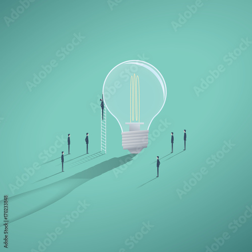 Creative teamwork business vector concept with businessman working on a lightbulb.