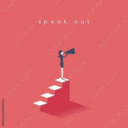 Businesswoman with megaphone on steps,