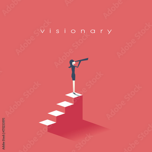 Vision concept in business with vector icon of businesswoman and telescope, monocular. Symbol leadership, strategy, mission, objectives.