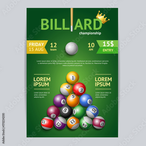 Billiard Tournament Poster Card Template. Vector